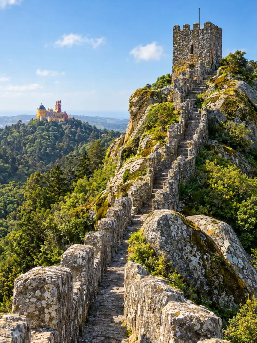Graue Granitwehrgänge, die einen felsigen Grat hinauf zu einem quadratischen Turm führen, mit einem farbenfrohen Palast auf einem entfernten Hügel